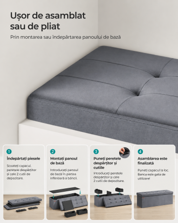 Bancuta pliabila cu spatiu de depozitare, catifea matlasata, 38x110x38 cm, capacitate 300 kg, gri [7]