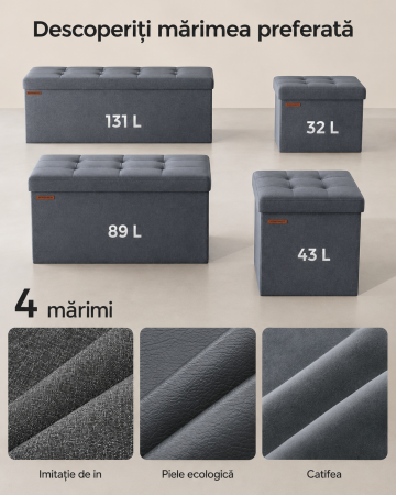 Bancuta pliabila cu spatiu de depozitare, catifea matlasata, 38x110x38 cm, capacitate 300 kg, gri [2]