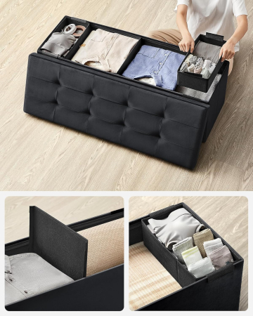 Bancuta pliabila cu spatiu de depozitare, catifea matlasata, 38x110x38 cm, capacitate 300 kg, negru [5]
