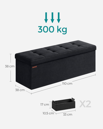 Bancuta pliabila cu spatiu de depozitare, catifea matlasata, 38x110x38 cm, capacitate 300 kg, negru [1]