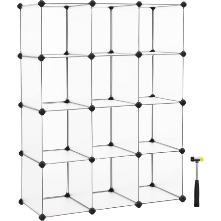 Accesorii baie - Biblioteca modulara cu 12 compartimente, rafturi cubice din plastic, montaj rapid, 93x31x123 cm, alb transparent