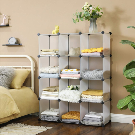 Biblioteca modulara cu 12 compartimente, rafturi cubice din plastic, montaj rapid, 93x31x123 cm, alb transparent [5]