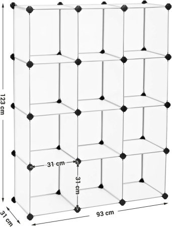 Biblioteca modulara cu 12 compartimente, rafturi cubice din plastic, montaj rapid, 93x31x123 cm, alb transparent [2]