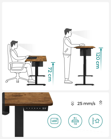 SONGMICS Birou cu reglaj electric pe inaltime, memorie cu 4 inaltimi, 60x120x(72-120)cm, maro rustic [9]