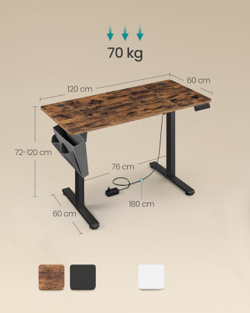 Birou electric reglabil pe inaltime, 120x60x(72-120) cm, memorie 4 pozitii, USB-C, cadru metalic, maro rustic [3]