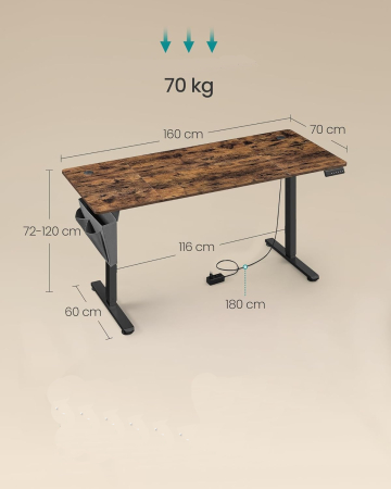 Birou electric reglabil pe inaltime, cadru metalic, functie memorie 4 pozitii, 160x70x(72-120) cm, maro rustic [6]