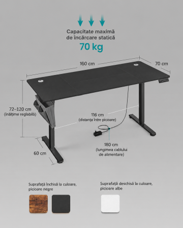 Birou electric reglabil pe inaltime, cadru metalic, functie memorie 4 pozitii, 160x70x(72-120) cm, negru [2]