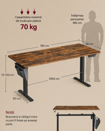 Birou electric reglabil pe inaltime, functie sit-stand, 4 memorii, organizator cabluri, port USB, 180x80x72-120 cm, maro rustic [3]