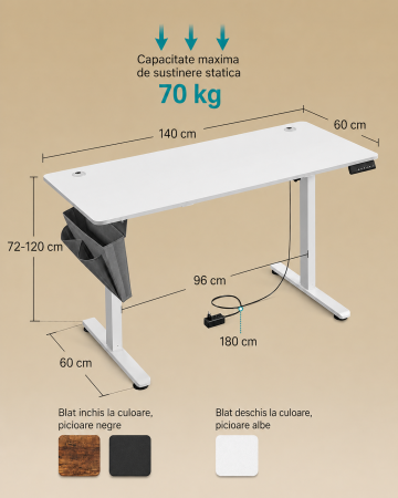 Birou reglabil electric, inaltime ajustabila 72-120 cm, cadru otel, blat PAL 140x60 cm, functie memorie 4 pozitii, alb [5]
