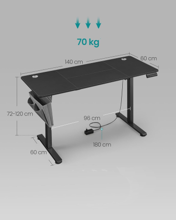 Birou reglabil electric, inaltime ajustabila 72-120 cm, cadru otel, blat PAL 140x60 cm, functie memorie 4 pozitii, negru [2]