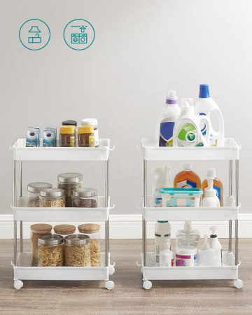 SONGMICS Carucior cu 3 niveluri, rafturi etajate detasabile, roti pivotante 360°, cadru metalic, 42x24x61 cm, alb [6]