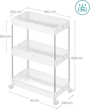 SONGMICS Carucior cu 3 niveluri, rafturi etajate detasabile, roti pivotante 360°, cadru metalic, 42x24x61 cm, alb [1]