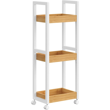 Baie - Carucior de baie, raft ingust cu roti, bambus si MDF, 20x30x80 cm, alb si maro natur