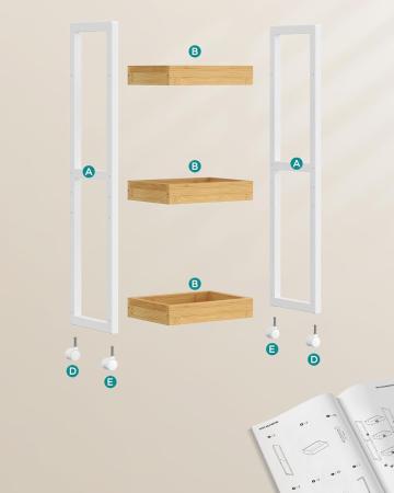 Carucior de baie, raft ingust cu roti, bambus si MDF, 20x30x80 cm, alb si maro natur [5]