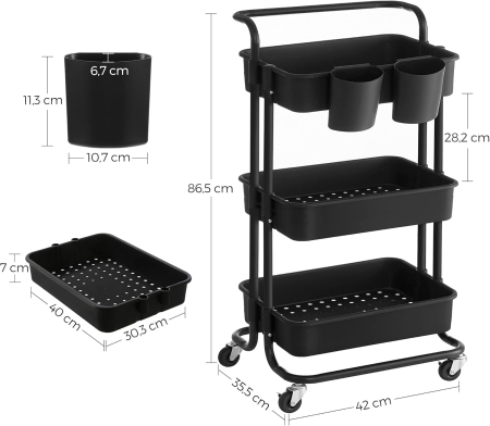 SONGMICS Carucior de depozitare pe roti, pentru bucatarie sau baie, cu 3 nivele, 42x34x86 cm, negru [4]