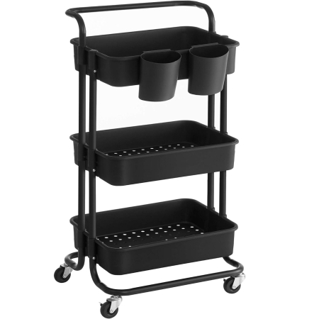 Mobila baie - SONGMICS Carucior de depozitare pe roti, pentru bucatarie sau baie, cu 3 nivele, 42x34x86 cm, negru