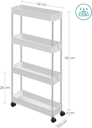Carucior de depozitare pe roti, pentru bucatarie sau baie, din plastic, cu 4 nivele, 40x13x88cm, alb [3]