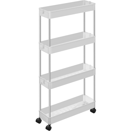 Mobilier pentru baie - Carucior de depozitare pe roti, pentru bucatarie sau baie, din plastic, cu 4 nivele, 40x13x88cm, alb