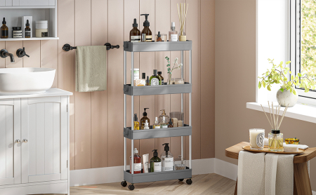 SONGMICS Carucior de depozitare pe roti, pentru bucatarie sau baie, din plastic, cu 4 nivele, 40x13x88cm, gri [8]