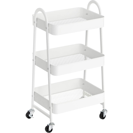 Mobilier baie - Carucior depozitare 3 niveluri cu roti si frane, structura metalica, 41x31x78 cm, alb