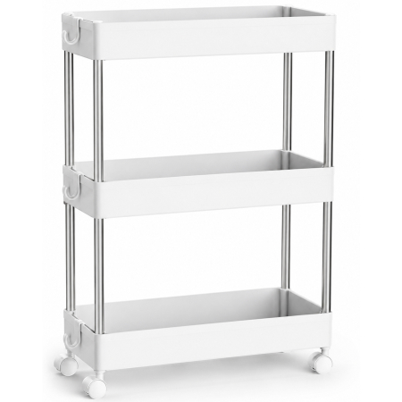 Mobilier pentru baie - Carucior ingust de depozitare pe roti, pentru bucatarie sau baie, din plastic, cu 3 nivele, 42x14x61 cm, alb