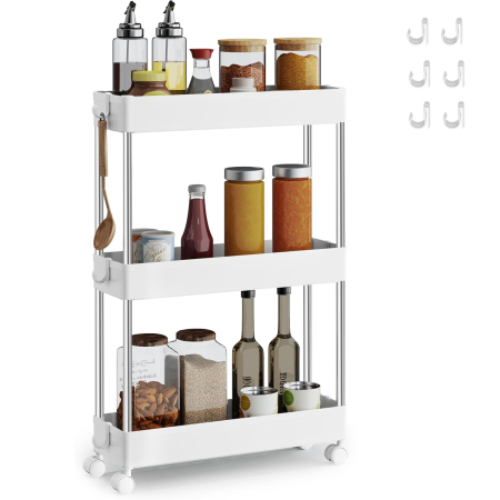 Carucior ingust de depozitare pe roti, pentru bucatarie sau baie, din plastic, cu 3 nivele, 42x14x61 cm, alb [7]