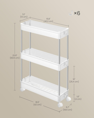 Carucior ingust de depozitare pe roti, pentru bucatarie sau baie, din plastic, cu 3 nivele, 42x14x61 cm, alb [2]