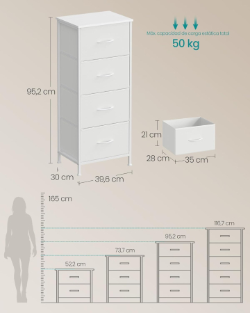 Comoda cu 4 sertare textile, cadru metalic si blat MDF, 40x30x95 cm, alb [3]