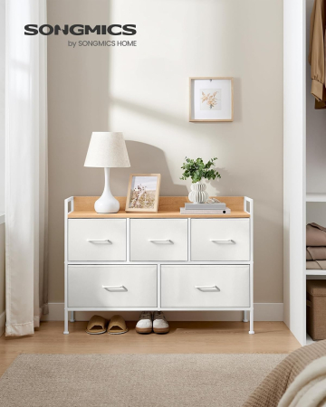 Comoda cu 5 sertare textile, cadru metalic si blat din PAL, design industrial, 98x29x70 cm, alb si stejar [4]