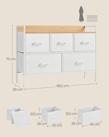 Comoda cu 5 sertare textile, cadru metalic si blat din PAL, design industrial, 98x29x70 cm, alb si stejar [1]