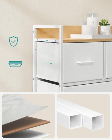 Comoda cu 5 sertare textile, cadru metalic si blat din PAL, design industrial, 98x29x70 cm, alb si stejar [2]