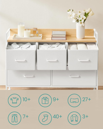 Comoda cu 5 sertare textile, cadru metalic si blat din PAL, design industrial, 98x29x70 cm, alb si stejar [3]