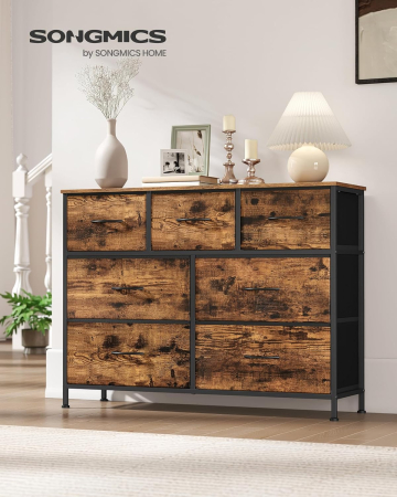 Comoda cu 7 sertare, cadru metalic si blat MDF, sertare textile, 99x30x74 cm, maro rustic [3]