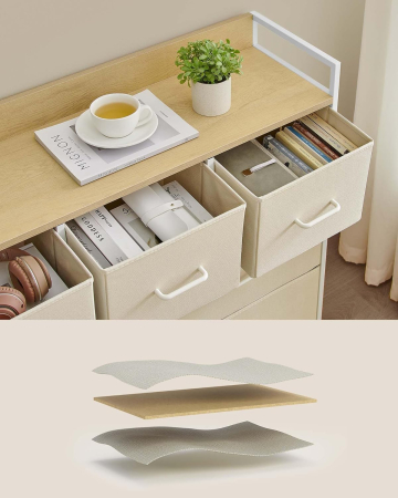 Comoda cu 7 sertare textile, cadru metalic si blat din PAL, design industrial, 98x29x85 cm, alb crem [8]