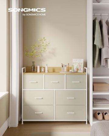 Comoda cu 7 sertare textile, cadru metalic si blat din PAL, design industrial, 98x29x85 cm, alb crem [6]