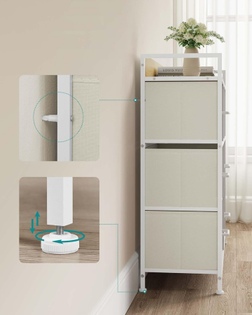 Comoda cu 7 sertare textile, cadru metalic si blat din PAL, design industrial, 98x29x85 cm, alb crem [3]