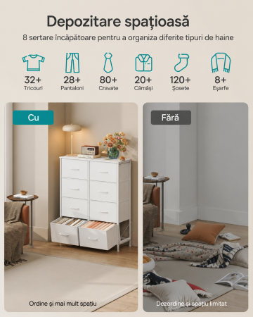 Comoda cu 8 sertare textile cu structura MDF, cadru metalic, stil minimalist, 77x30x95 cm, alb [4]