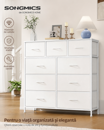 Comoda cu 9 sertare, cadru metalic si blat MDF, sertare textile, 99x30x95 cm, alb [6]