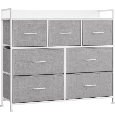 Comode - SONGMICS Comoda cu cadru metalic si 7 sertare din stofa, 29x98x85 cm , gri si alb