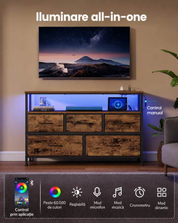 Comoda cu iluminare LED, statie incarcare cu prize si USB, 5 sertare si raft deschis, stil industrial, 99x30x68 cm, maro rustic [2]