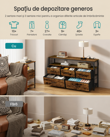 Comoda cu iluminare LED, statie incarcare cu prize si USB, 5 sertare si raft deschis, stil industrial, 99x30x68 cm, maro rustic [5]