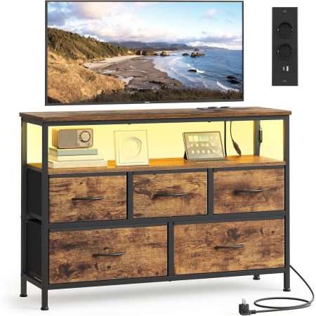 Comode - Comoda cu iluminare LED, statie incarcare cu prize si USB, 5 sertare si raft deschis, stil industrial, 99x30x68 cm, maro rustic