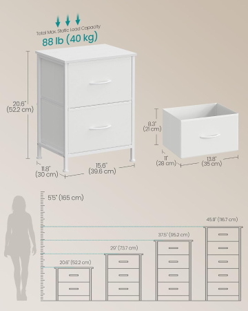 Comoda mica tip noptiera cu 2 sertare textile, cadru metalic si blat MDF, 40x30x52 cm, alb [1]