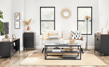 SONGMICS Comoda TV 120x40x55 cm, 3 rafturi reglabile, 2 usi, stil vintage, PAL si otel, maro-negru mat [8]