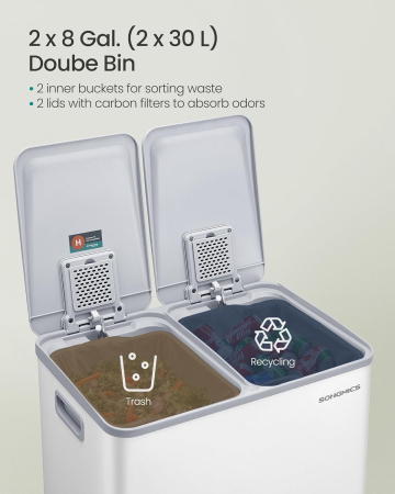 Cos de gunoi 2x30L, cu 2 compartimente, capac soft-close si galeti interioare, otel, alb mat [3]