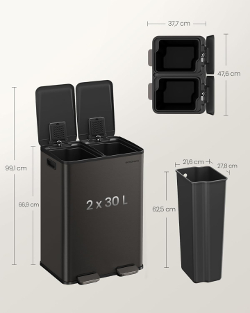 Cos de gunoi 2x30L, cu 2 compartimente, capac soft-close si galeti interioare, otel, gri antracit [6]