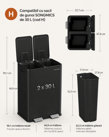 Cos de gunoi 2x30L, cu 2 compartimente, capac soft-close si galeti interioare, otel, negru [1]