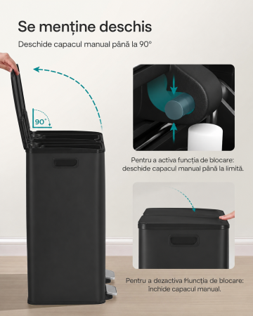 Cos de gunoi 2x30L, cu 2 compartimente, capac soft-close si galeti interioare, otel, negru [5]