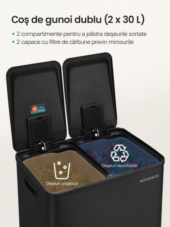Cos de gunoi 2x30L, cu 2 compartimente, capac soft-close si galeti interioare, otel, negru [3]