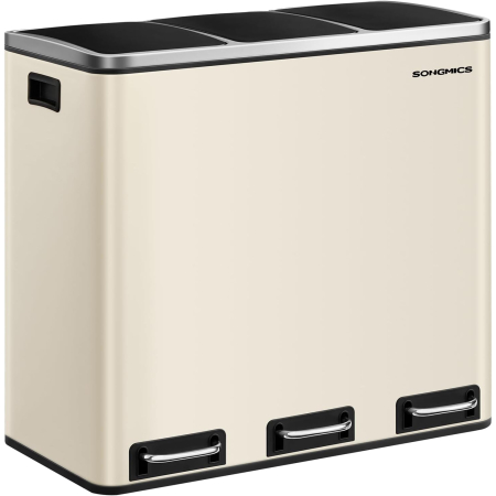 Bucatarie - Cos de gunoi colectare selectiva cu 3 compartimente 3 x 18L, capace soft close, pedale, otel, 61x32x56 cm, bej